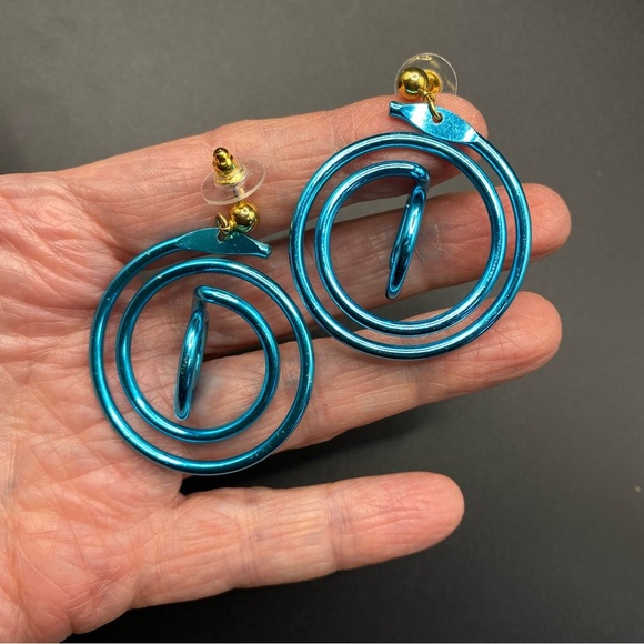Blue Metal Spirals Long Dangle Post Pierced Earrings - Picture 2 of 7
